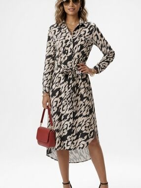 DKNY Black and Cream Printed High-Low Shirt Dress